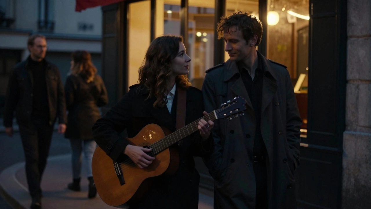 A woman with a guitar walks beside a man in Montmartre at dusk, their connection evident against the warm glow of a café window.