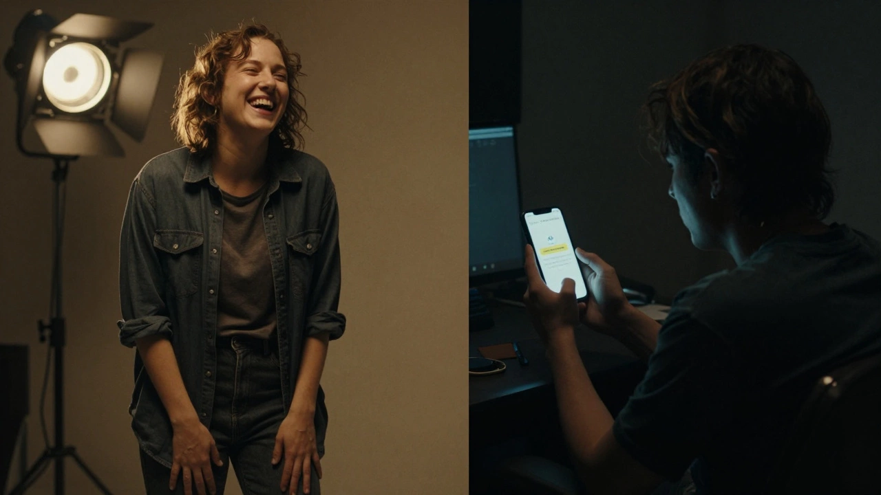 Contrasting images of a performer laughing on camera and then staring at a suspended account notice.