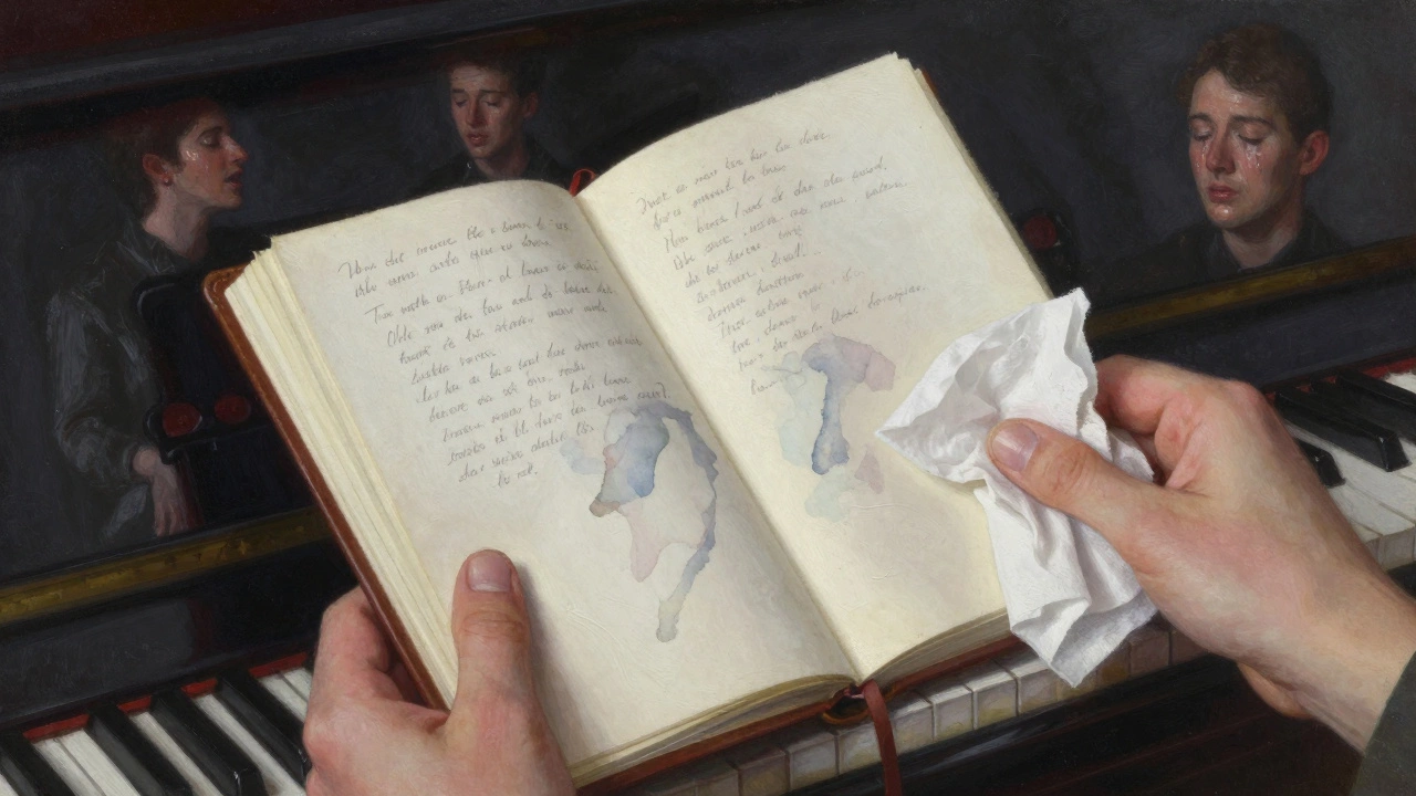 Hands rest on an open journal with French poetry as a reflection shows two silent figures beside a piano, no faces visible.