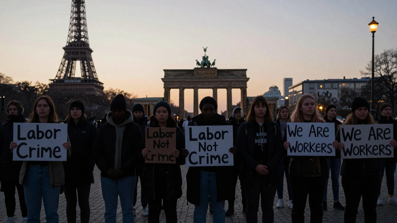 Silhouettes of sex workers across cities at dawn holding signs that read &#039;Labor Not Crime&#039;.